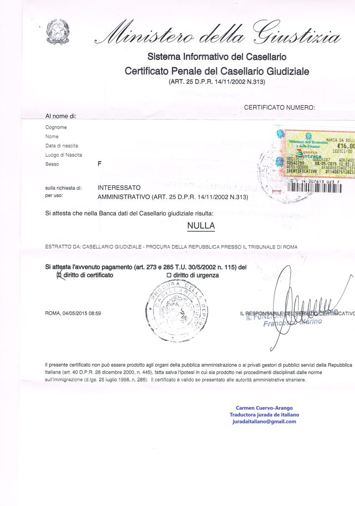 Certificado de penales italiano