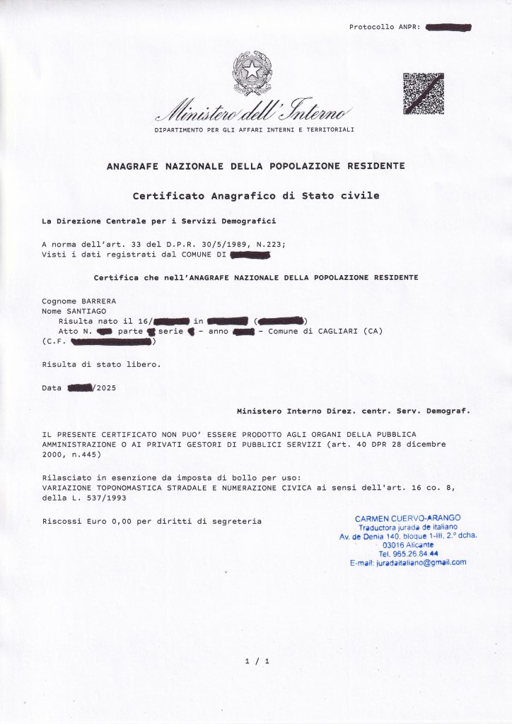 Certificato di stato libero italiano