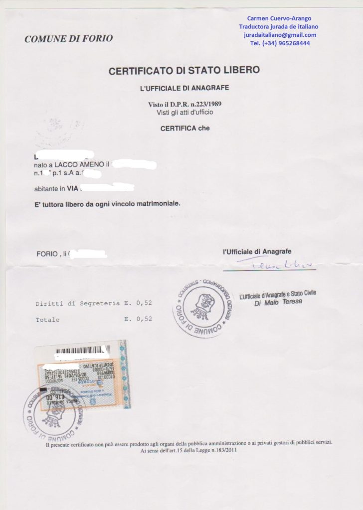 Certificado de soltería italiano